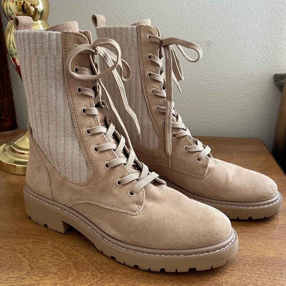 Sam Edelman Lydell Sesame Block Heel Round Toe Lace Up Combat Boots